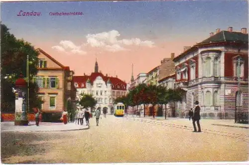 20570 Ak Landau Ostbahnstrasse avec tram 1919
