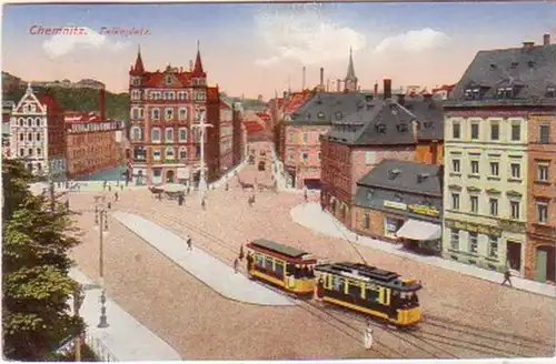 20247 Ak Chemnitz Falkeplatz Straßenbahn 1918