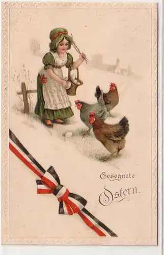 20087 Gesegnete Ostern Präge Ak 3 Hühner und Kind sammelt Eier 1916