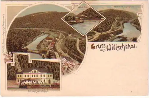 19986 Lithografie Gruss aus Wilischthal Bahnhof ua.1899