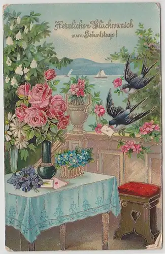 19910 Anniversaires Ak hirondelles et fleurs 1916