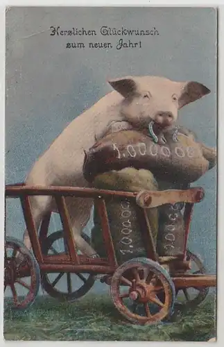 19828 Neujahrs Ak Schwein auf Handwagen 1916