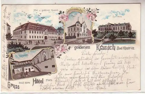 19506 Ak Lithographie Gruß aus dem Hotel zum goldenen Kranich Bad Köstritz 1900