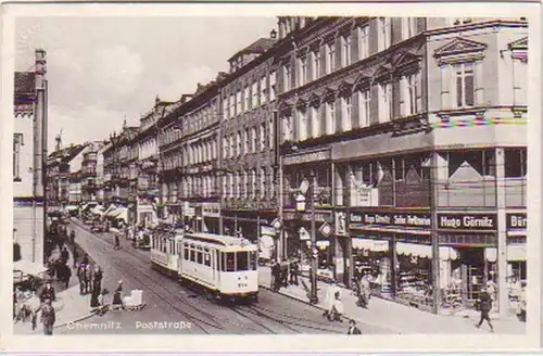 19303 Ak Chemnitz Poststraße mit Straßenbahn um 1940