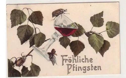 19067 Fröhliche Pfingsten Ak Maikäfer mit Weinglas 1905