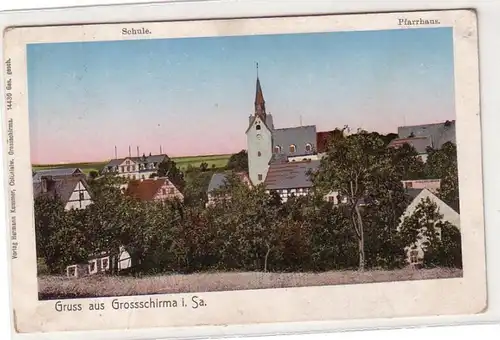 18983 Ak Gruss aus Grossschirma i. Sa. Schule und Pfarrhaus 1909