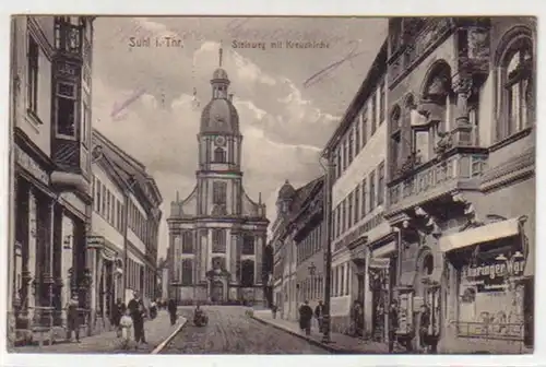 18935 Ak Suhl in Thür. Steinweg mit Kreuzkirche 1915