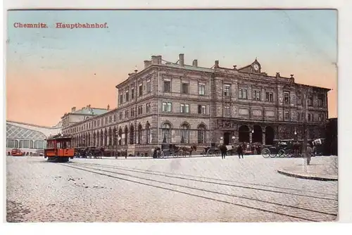18790 Ak Chemnitz Hauptbahnhof mit Strassenbahn 1914