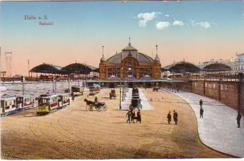 18274 Ak Halle an der Saale Bahnhof Straßenbahnen 1910