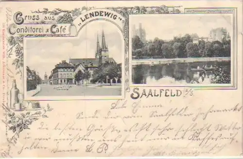 18006 Litho Gruss aus Conditorei & Café Saalfeld 1902