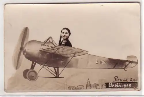 17446 Foto Ak Gruß aus Breitingen Flugzeug Fotomontage um 1920
