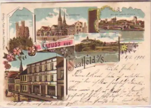 17399 Lithografie Gruss aus Saalfeld Markt usw. 1902