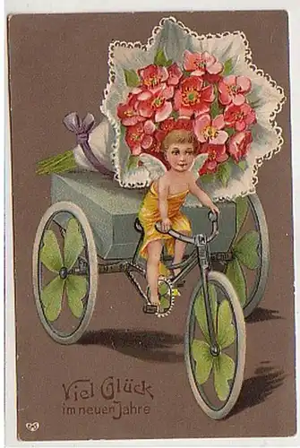 17059 Präge Neujahrs Ak Engel fährt Blumen Dreirad 1911