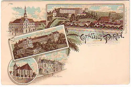 16977 Lithographie Gruss aus Pirna Post usw. um 1900
