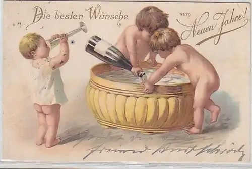 16868 Neujahrs Präge Ak 3 Kinder baden in Sekt 1903
