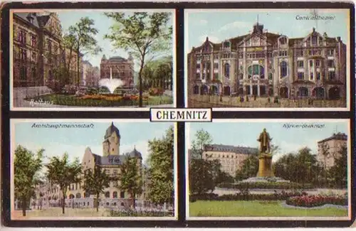 16710 Mehrbild-Ak Chemnitz Rathaus Theater usw. 1908