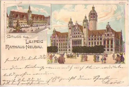 16659 Litho Gruss aus Leipzig Rathaus-Neubau 1899