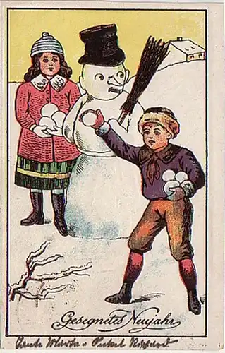 16075 Nouvel An Ak avec bonhomme de neige et enfants vers 1920