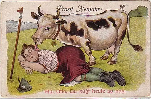 15999 Humor Ak Prosit Neujahr! mit Kuh um 1910