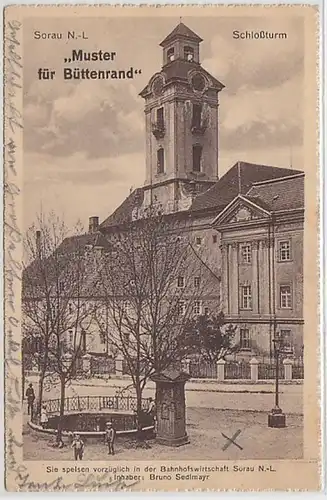 15963 Ak Sorau N.-L. Schloßturm, mit Werbung für Bahnhofswirtschaft 1927