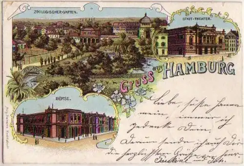 15876 Litho Gruss de Hambourg Bourse Zoo etc. 1901