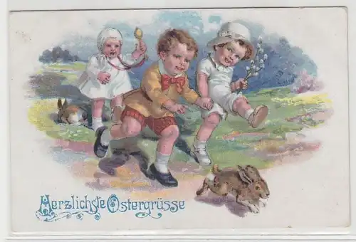 15643 Salutations de Pâques Ak Jouer les enfants avec des lapins 1943