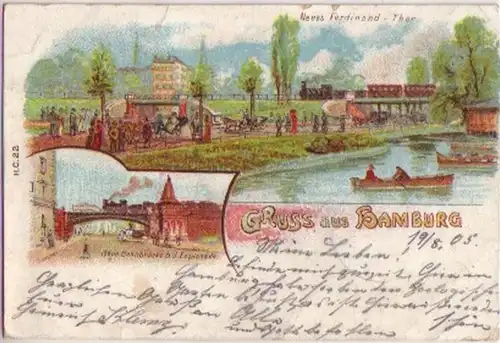 15582 Litho Gruss aus Hamburg Neue Bahnbrücke 1905