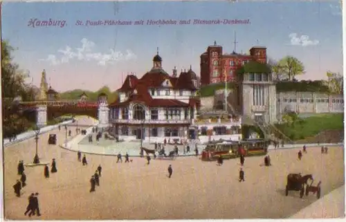 15553 Ak Hamburg Hochbahn und Bismarck Denkmal um 1910