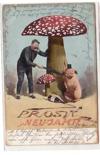 15373 Nouvel An Ak Champignons de mouches Pinceau de cheminée et cochon chanceux 1903