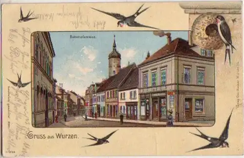 15309 Schwalben Ak Gruß aus Wurzen Bahnhofstraße 1909