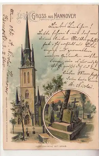 15108 Ak Lithographie Gruss aus Hannover Gartenkirche mit Grab 1902