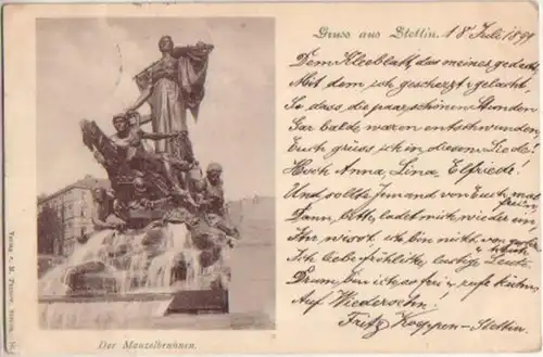 15061 Ak Gruß aus Stettin der Manzelbrunnen 1899