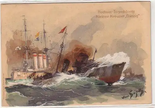 15038 Artiste Ak Highsee Torpilles de petits croiseurs "Danzig" 1911