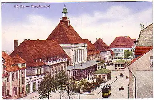 14890 Ak Görlitz Hauptbahnhof mit Straßenbahn um 1910