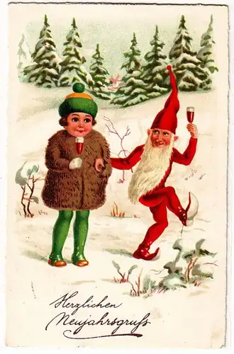 14822 Neujahrs Ak Kind und Zwerg mit Glas in der Hand 1928