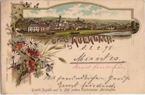 14603 Litho Gruss aus Auerbach Werbung Malzkaffee 1898