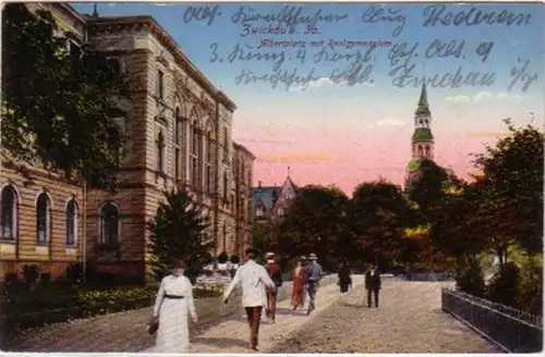 14528 Ak Zwickau Albertplatz avec Realgymnasium 1916