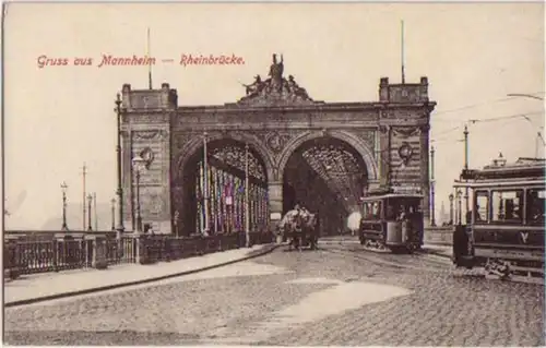 14210 Ak Gruss aus Mannheim Rheinbrücke um 1910