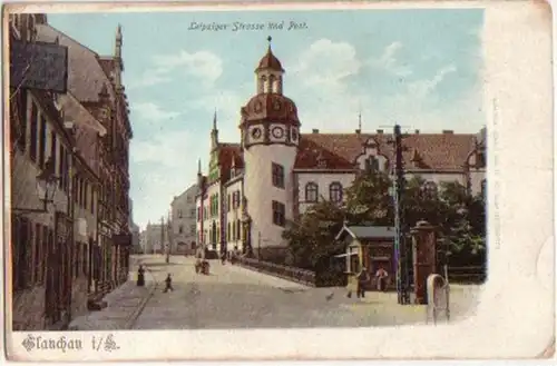 13789 Ak Glauchau Leipziger Strasse und Post um 1900
