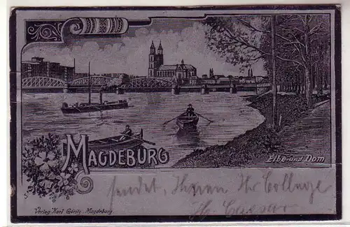 13664 Metalleffekt Ak Magdeburg Elbe und Dom 1900