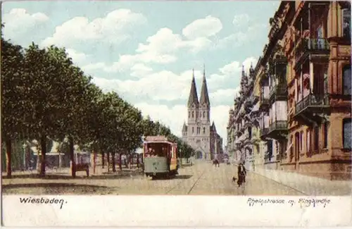 13626 Ak Wiesbaden Rheinstraße avec église de Ring vers 1910