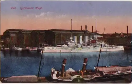 13542 Ak Kiel Germania Werft avec navire de guerre 1936