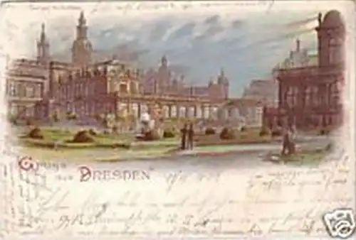 12368 Lithographie Gruss de Dresde Zwinger 1899