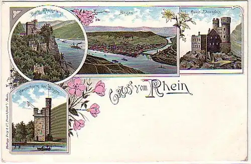 11087 Ak Lithographie Gruss vom Rhein Bingen um 1900