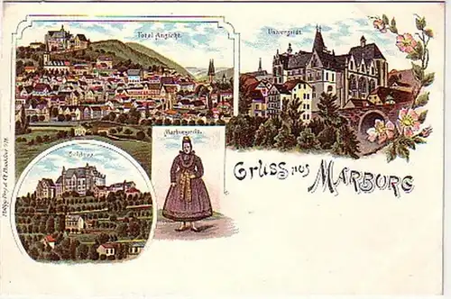 11081 Ak Lithographie Gruss aus Marburg Uni usw. um 1900