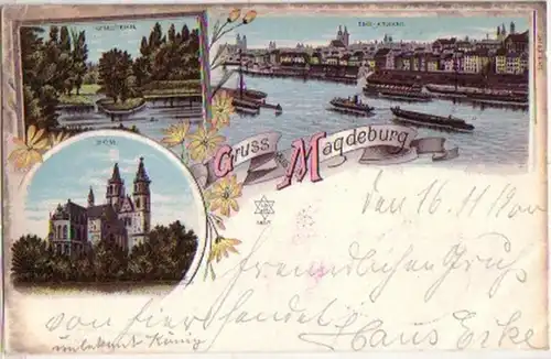 10722 Ak Lithographie Salutation de Magdeburg 1900
