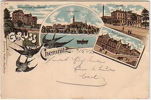 10472 Ak Lithographie Salutation de la gare de Chemnitz, etc.