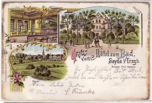 10466 Ak Lithographie Gruß vom Hotel zum Bad Sayda im Erzgebirge 1903