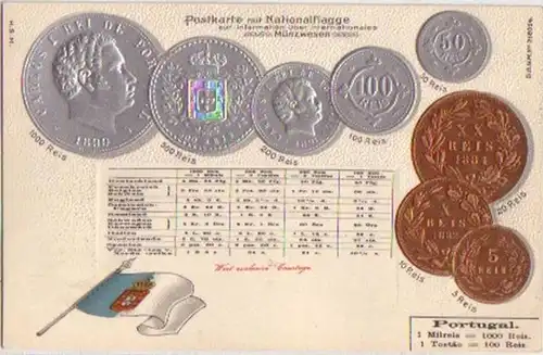 10456 Ak marqué avec des pièces de monnaie du Portugal vers 1900