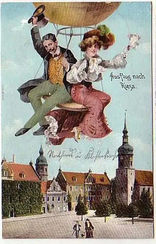 10195 Humor Ak Ausflug nach Riesa mit Ballon 1909